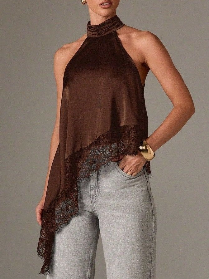 Asymmetric Lace Trim Satin Halter Tank - Coffee