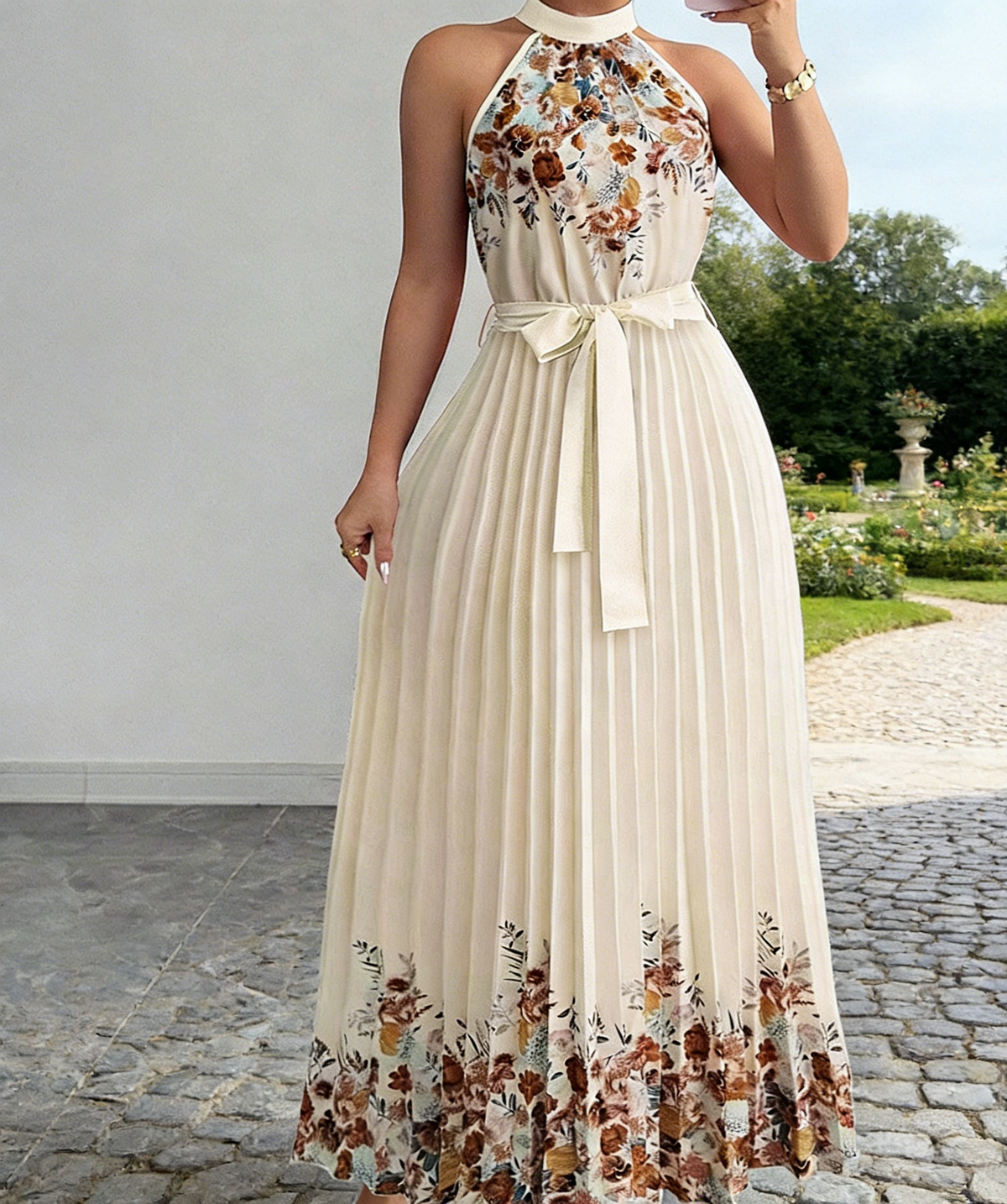 Sleeveless Pleated Maxi Dress With Floral Hem - Apricot