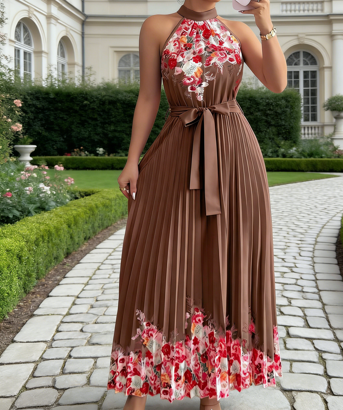 Sleeveless Pleated Maxi Dress With Floral Hem - Coffee