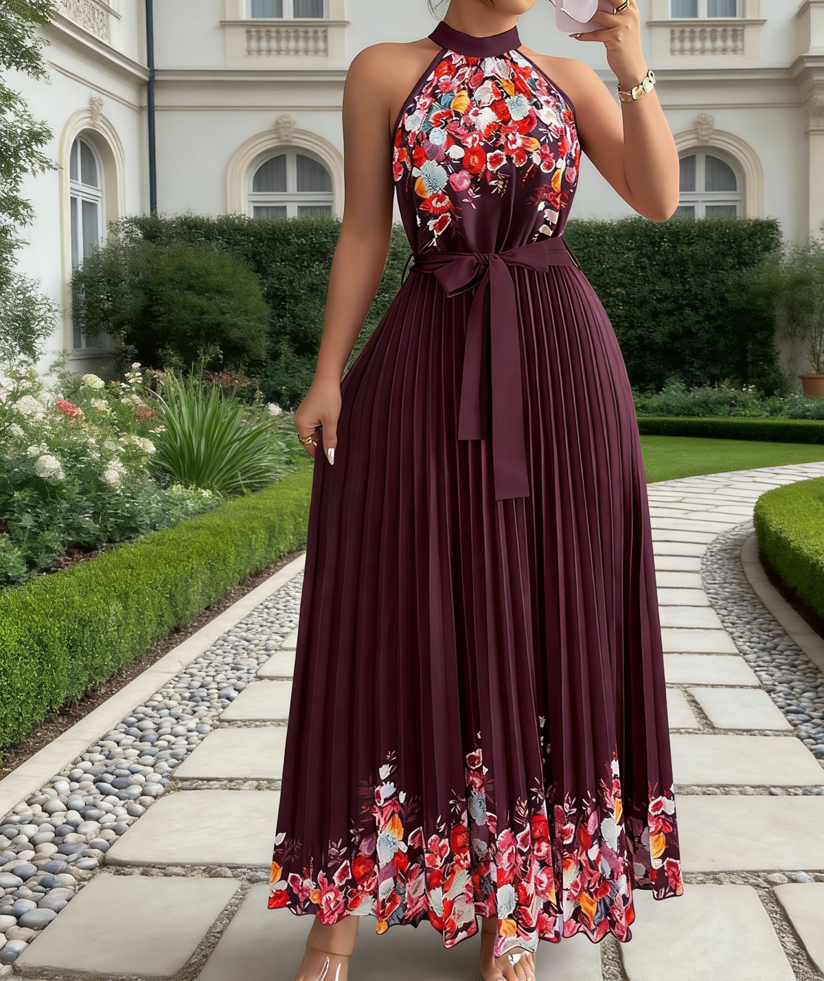 Sleeveless Pleated Maxi Dress With Floral Hem - DPurple