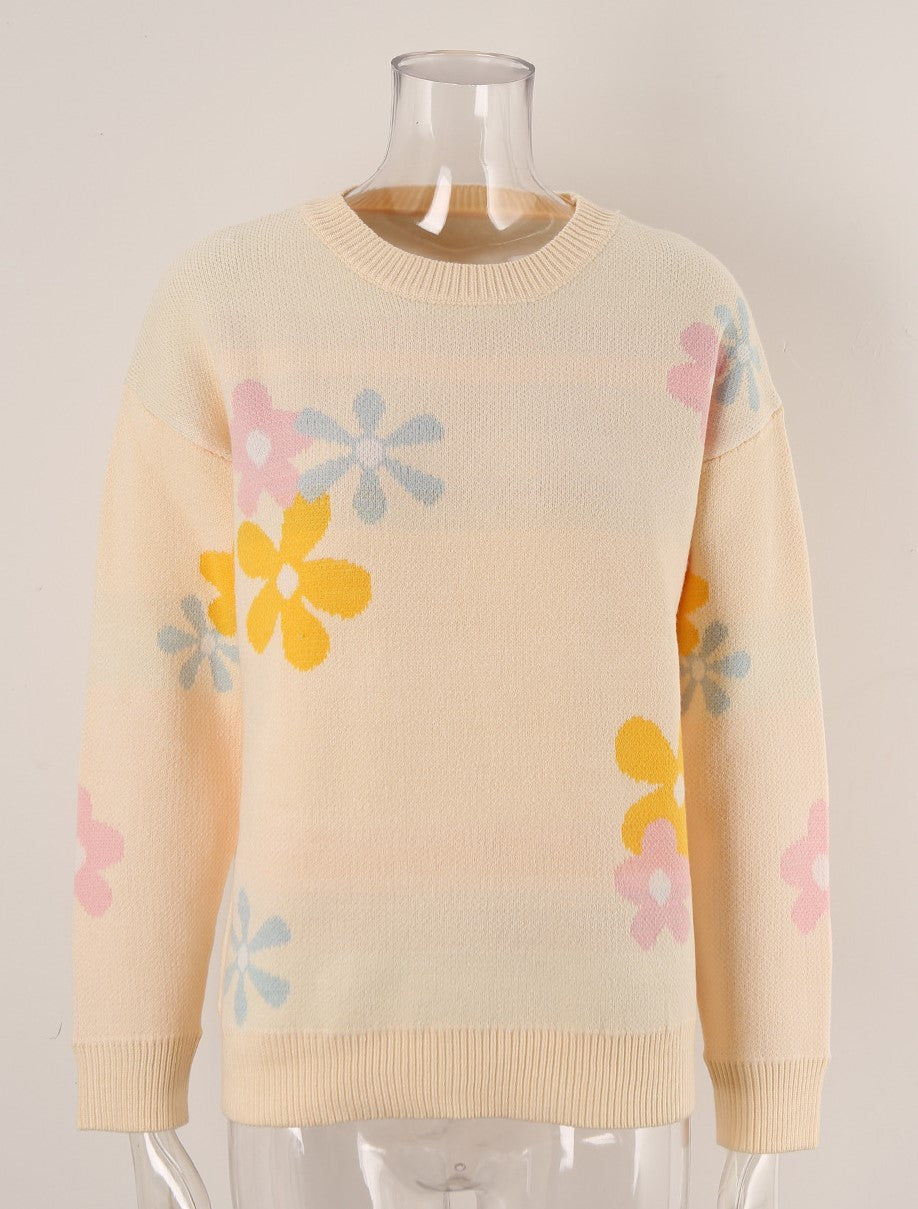 Retro Daisy Jacquard Crewneck Knit Sweater - Apricot