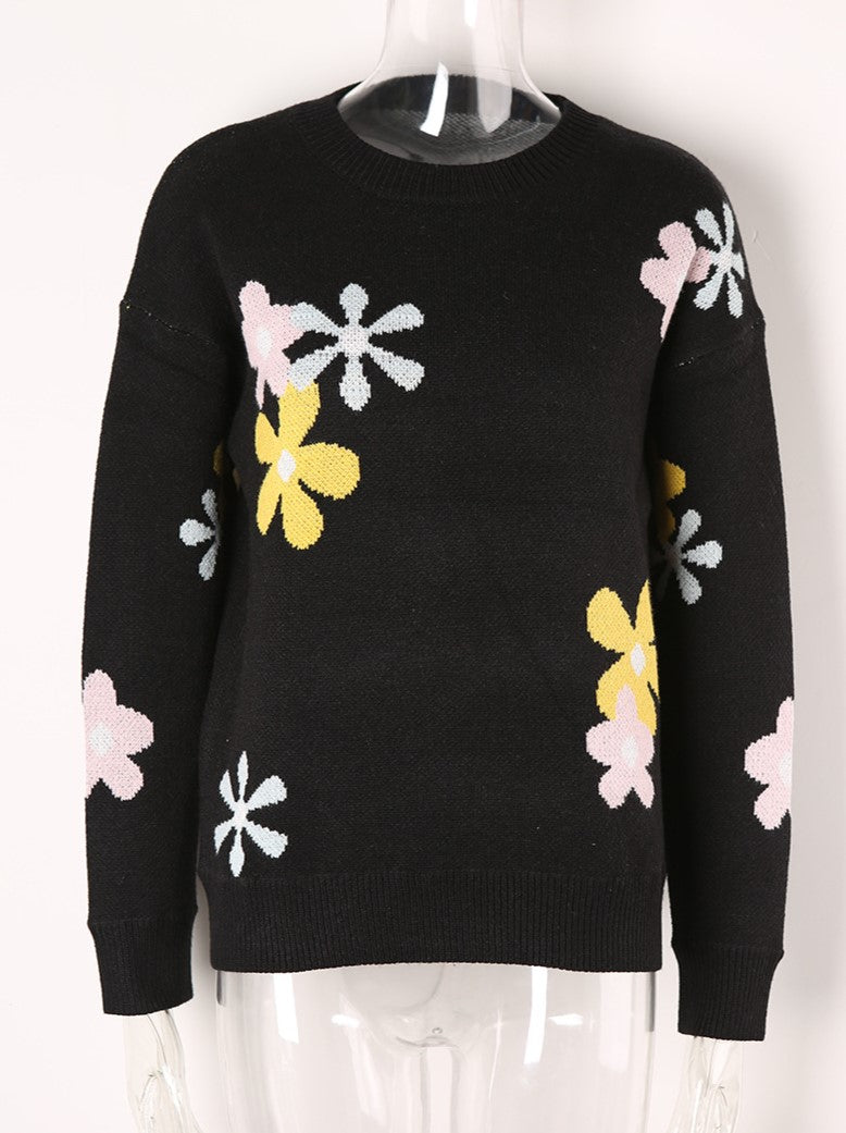 Retro Daisy Jacquard Crewneck Knit Sweater - Black - 1