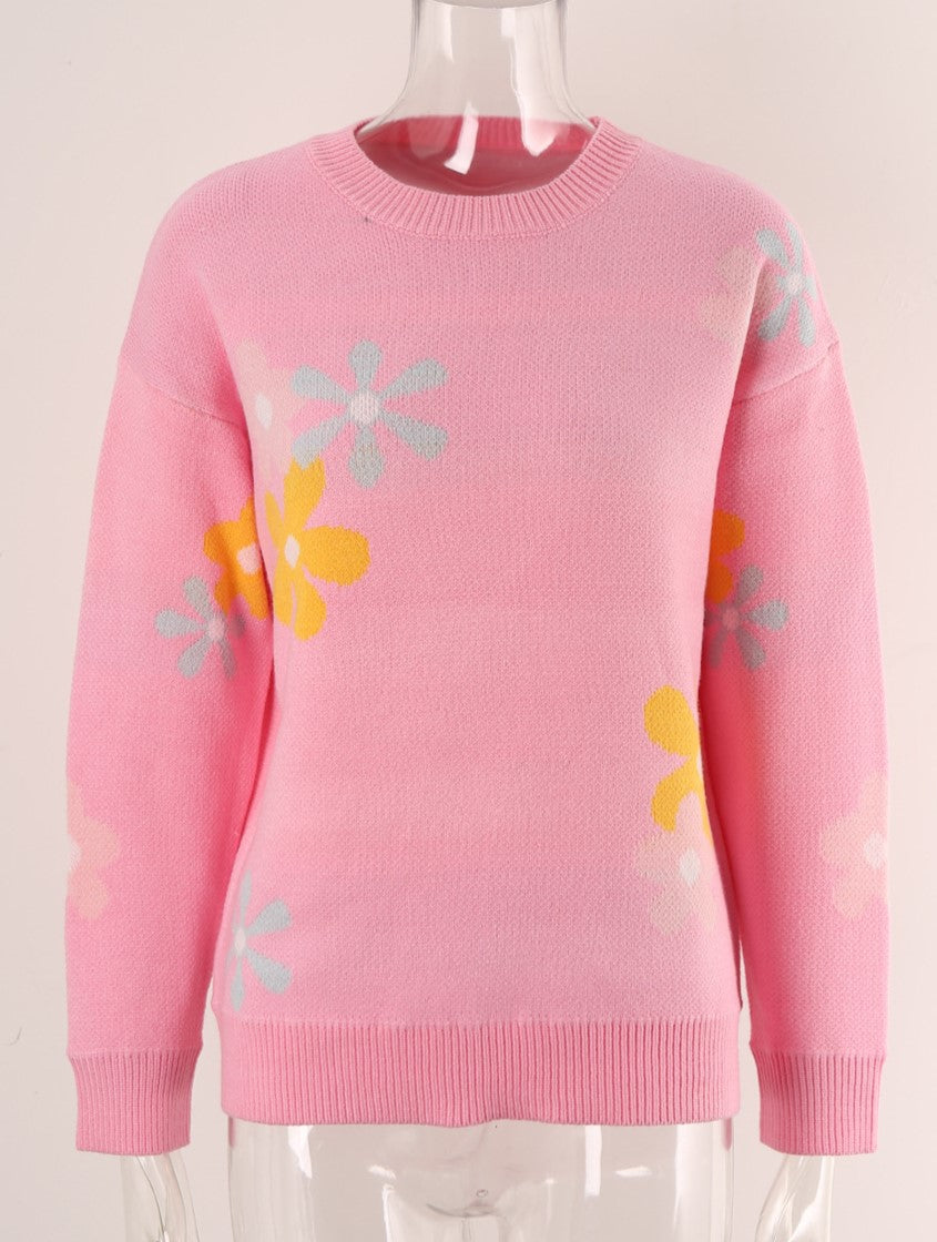 Retro Daisy Jacquard Crewneck Knit Sweater - Pink