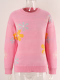 Retro Daisy Jacquard Crewneck Knit Sweater - Pink