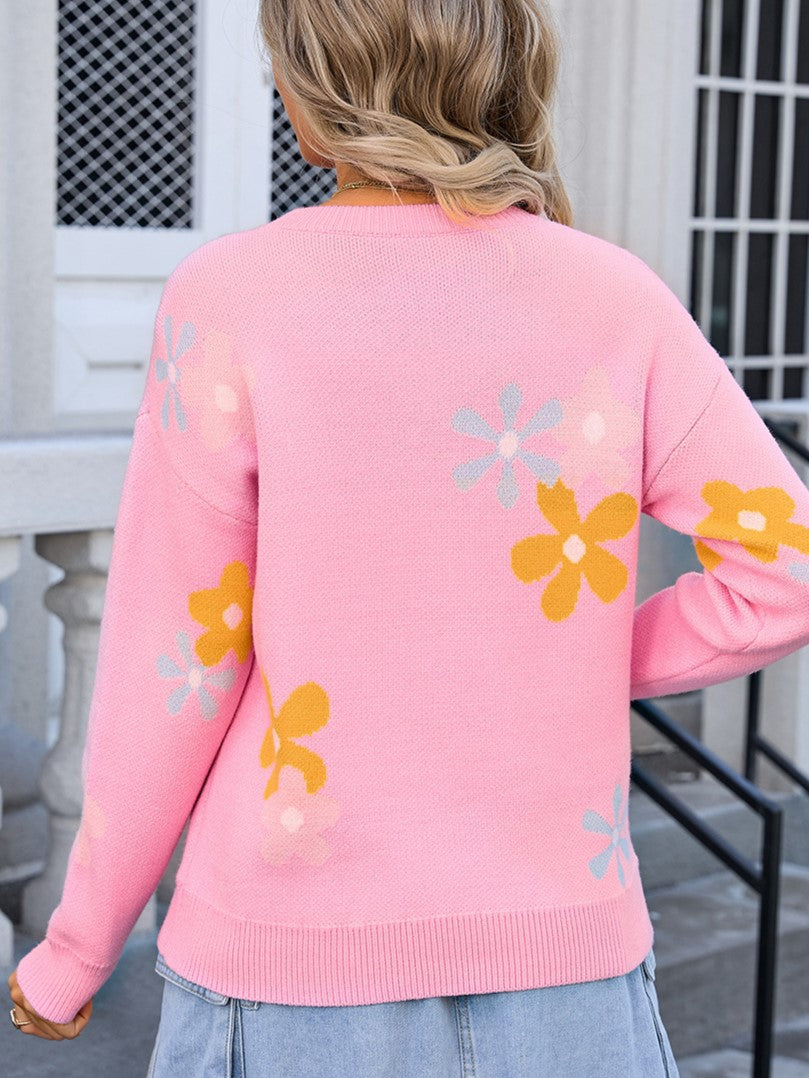 Retro Daisy Jacquard Crewneck Knit Sweater - Pink - 2