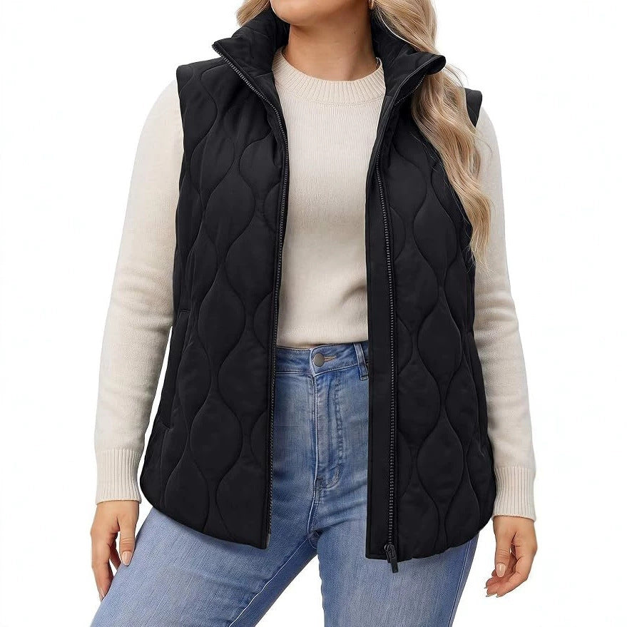 Quilted Stand Collar Sleeveless Zip Jacket - Black