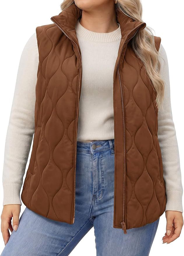 Quilted Stand Collar Sleeveless Zip Jacket - Caramel