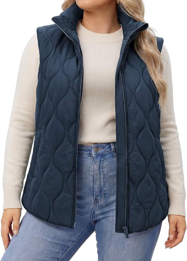Quilted Stand Collar Sleeveless Zip Jacket - DarkBlue