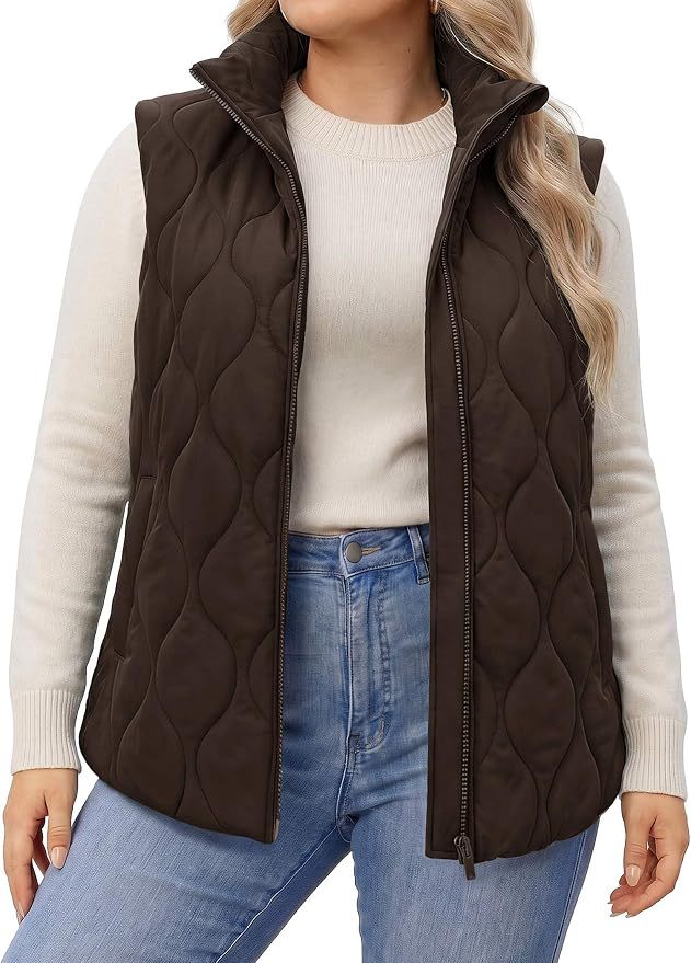 Quilted Stand Collar Sleeveless Zip Jacket - DarkBrown