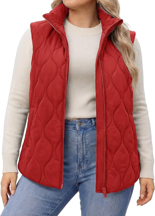 Quilted Stand Collar Sleeveless Zip Jacket - Red