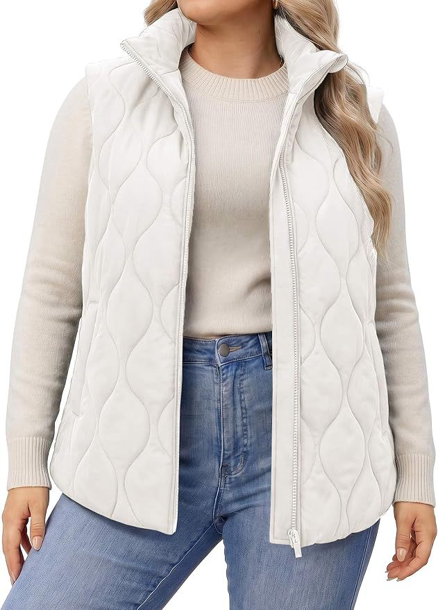 Quilted Stand Collar Sleeveless Zip Jacket - White