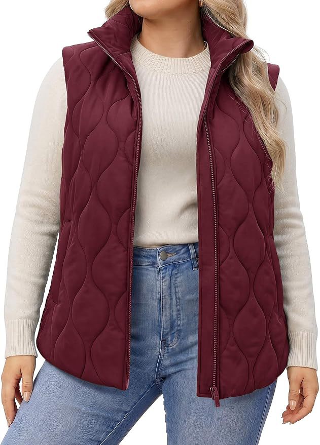 Quilted Stand Collar Sleeveless Zip Jacket - WineRed
