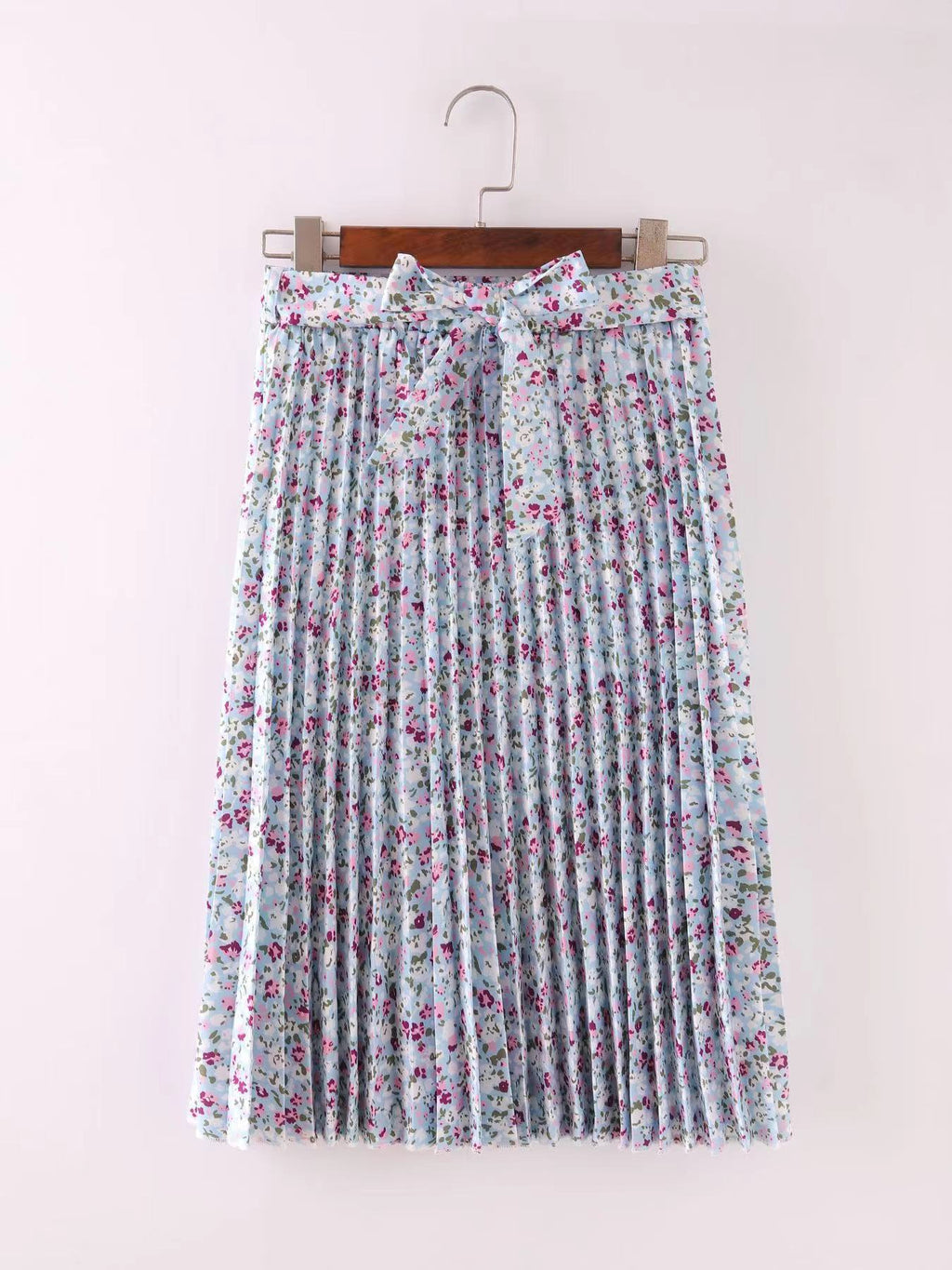 Printed Pleated Tie Waist Midi Skirt - Blue