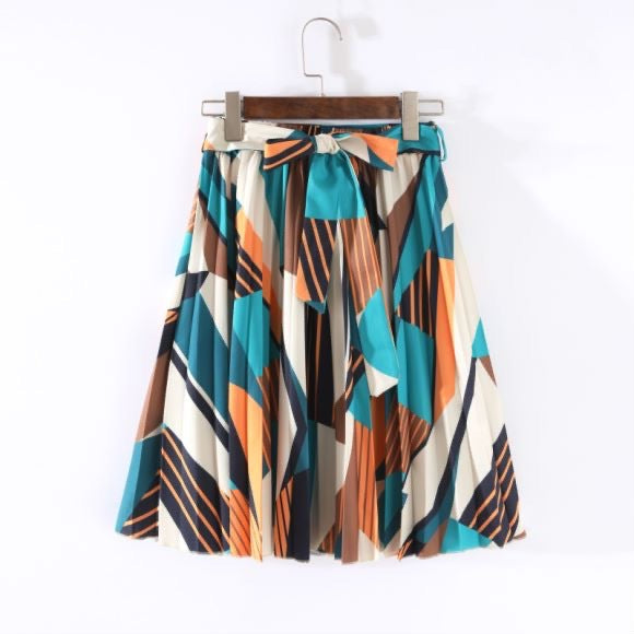 Printed Pleated Tie Waist Midi Skirt - Green
