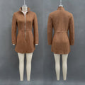 Suede Zip Front Mock Neck Mini Dress - Brown