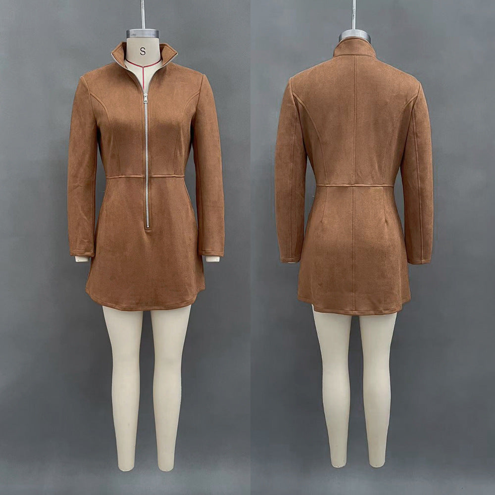 Suede Zip Front Mock Neck Mini Dress - Brown