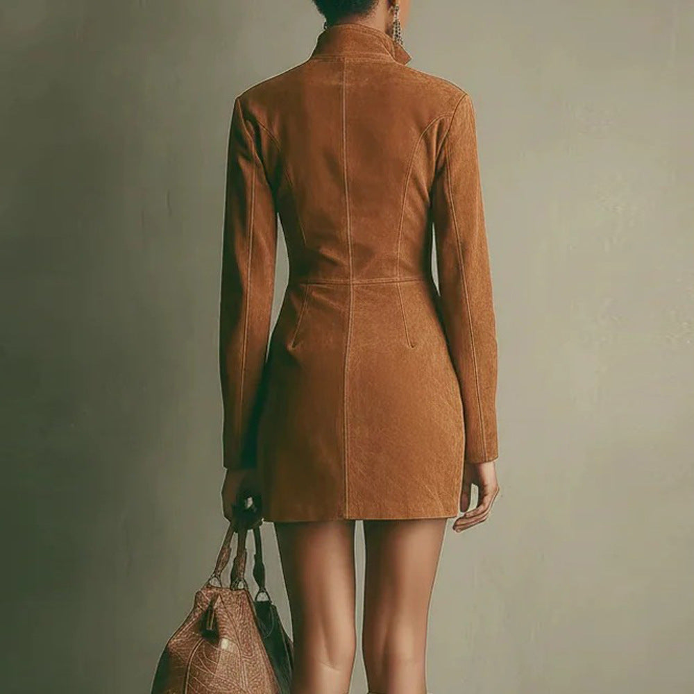 Suede Zip Front Mock Neck Mini Dress - view 1