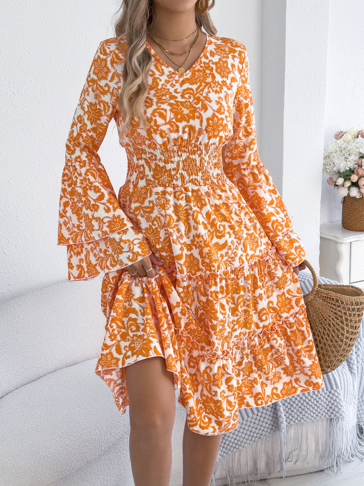 Floral Bell Sleeve Tiered Midi Dress - Orange