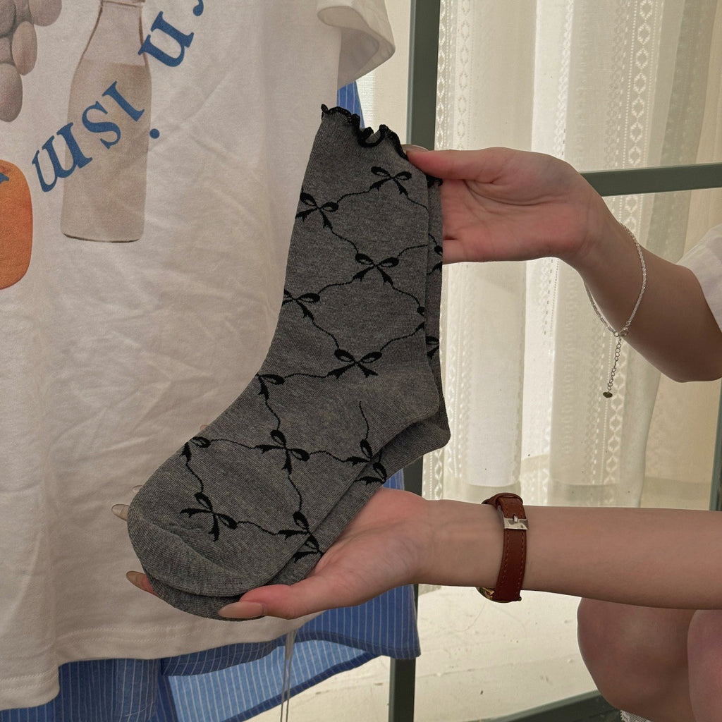 Bow Lattice Ruffle Cuff Crew Socks - DarkGrey - 1
