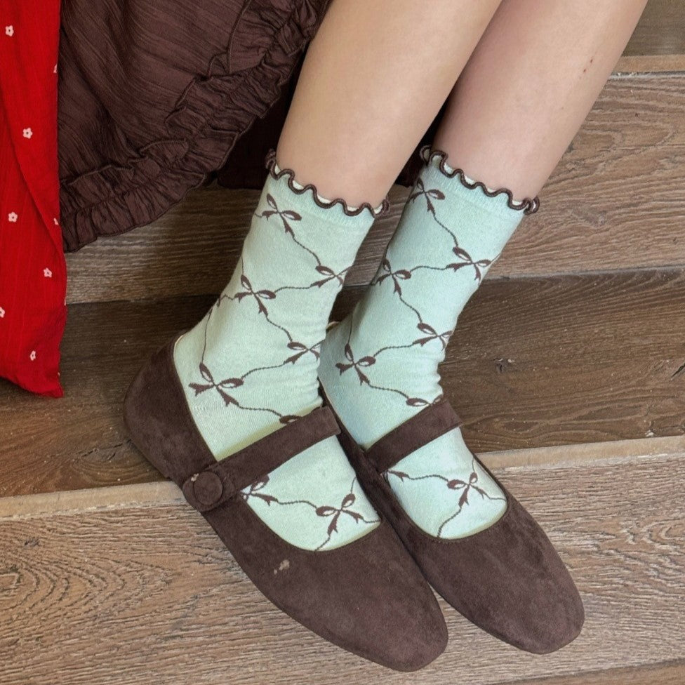 Bow Lattice Ruffle Cuff Crew Socks - Green - 1