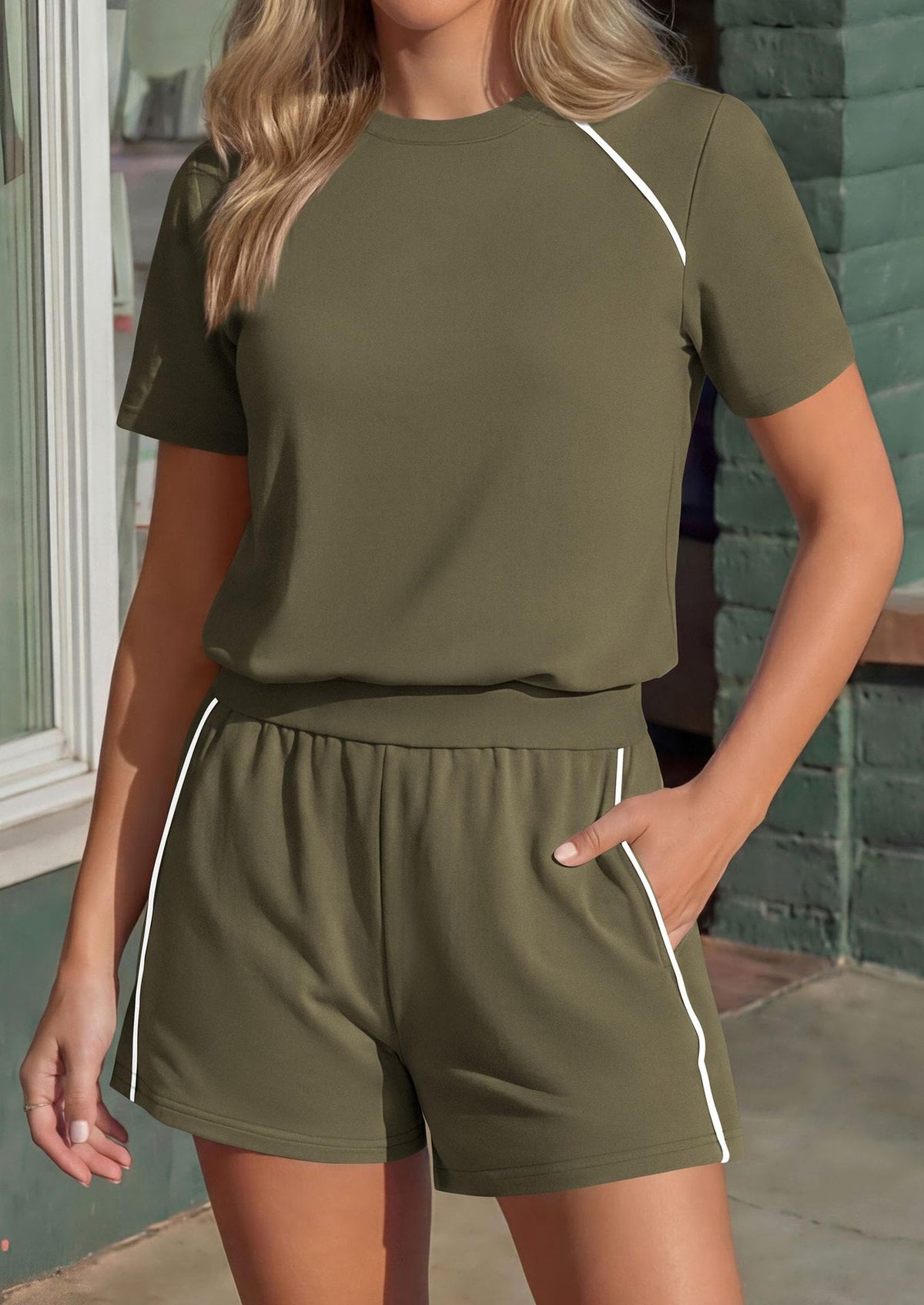 Piped Raglan Tee and Shorts Set - Green