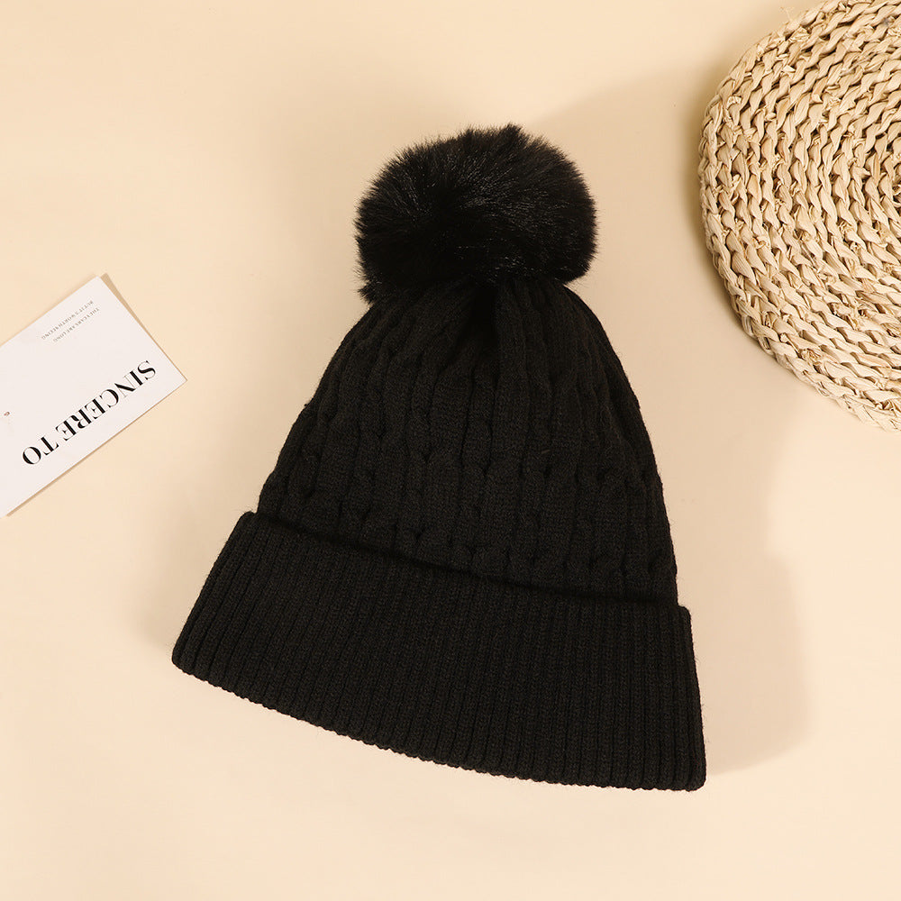 Double Layer Knit Pom Pom Hat - Black