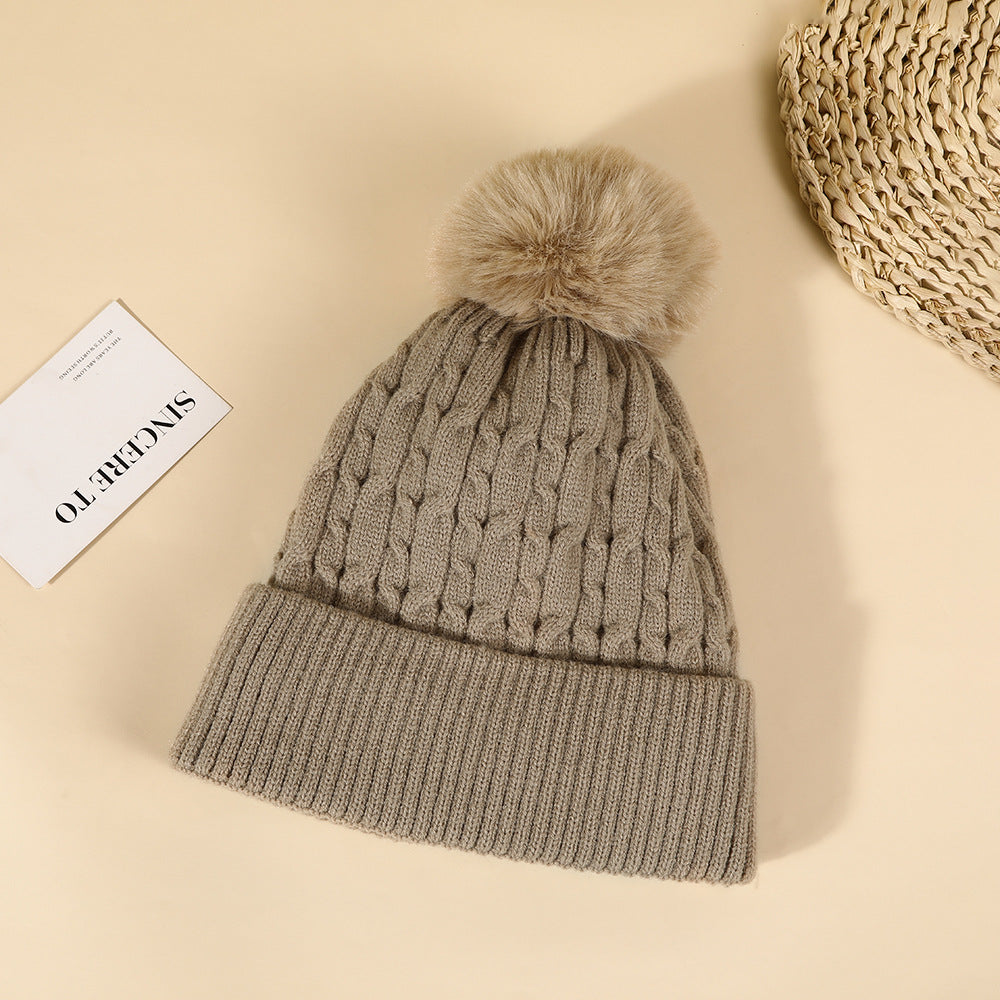 Double Layer Knit Pom Pom Hat - Khaki