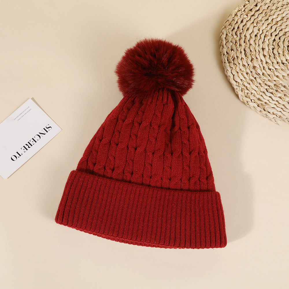 Double Layer Knit Pom Pom Hat - Red