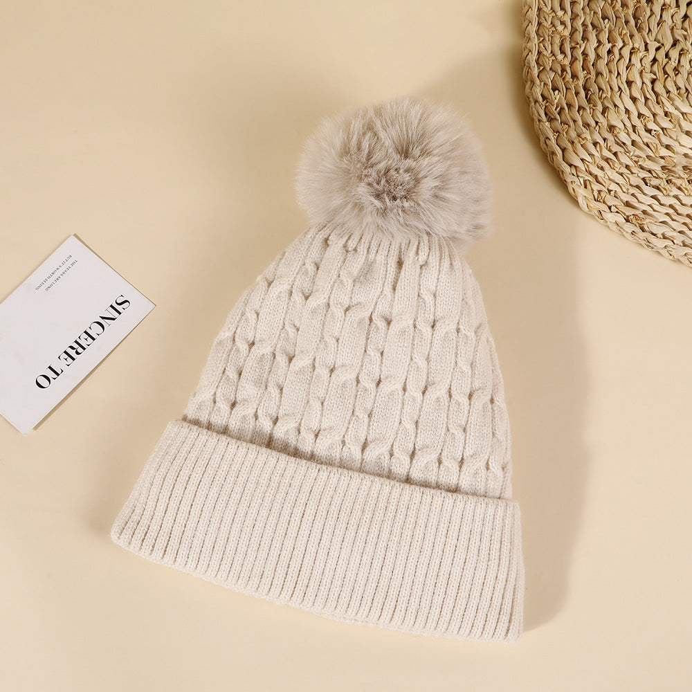 Double Layer Knit Pom Pom Hat - White