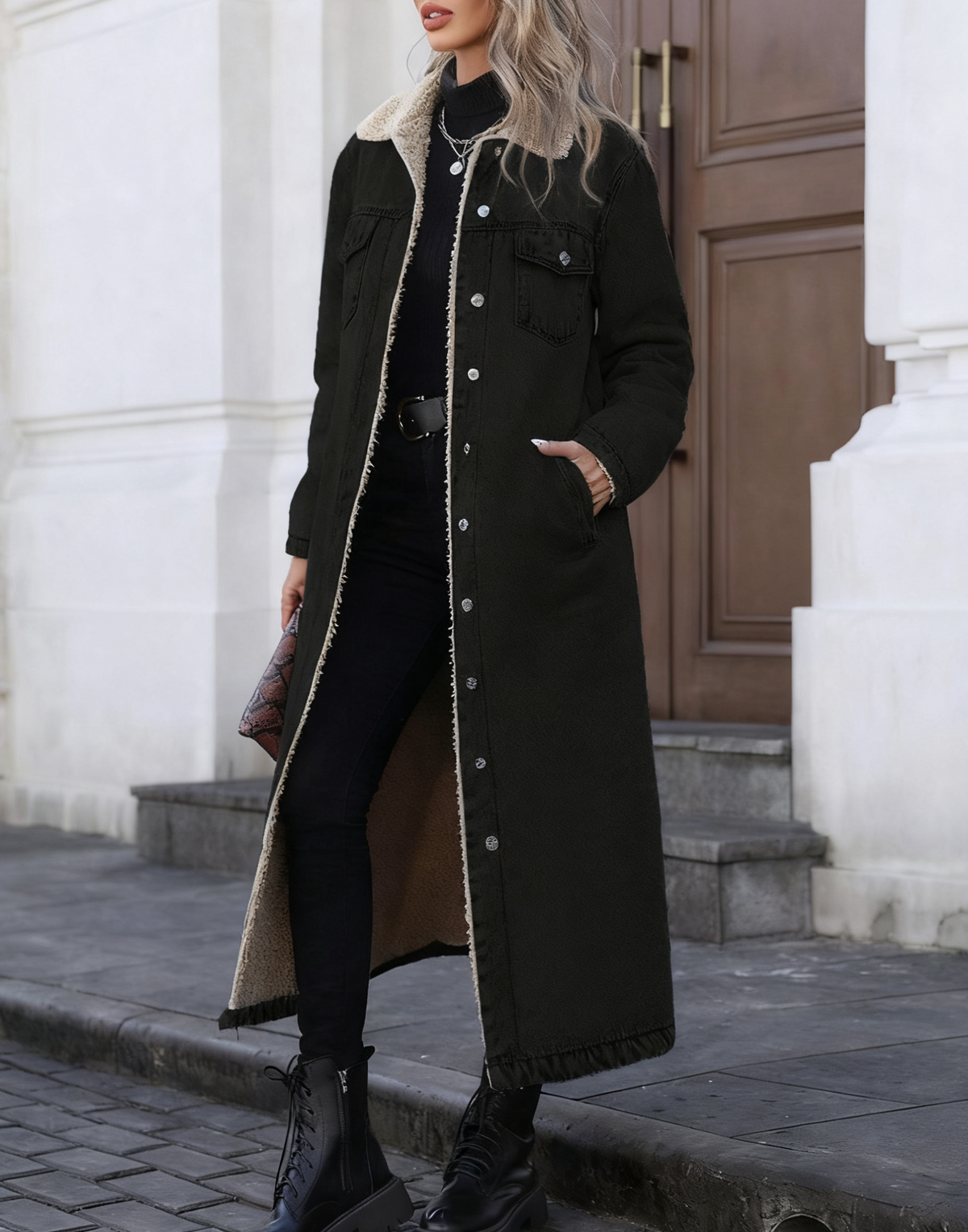 Sherpa Lined Longline Denim Duster Coat - Black