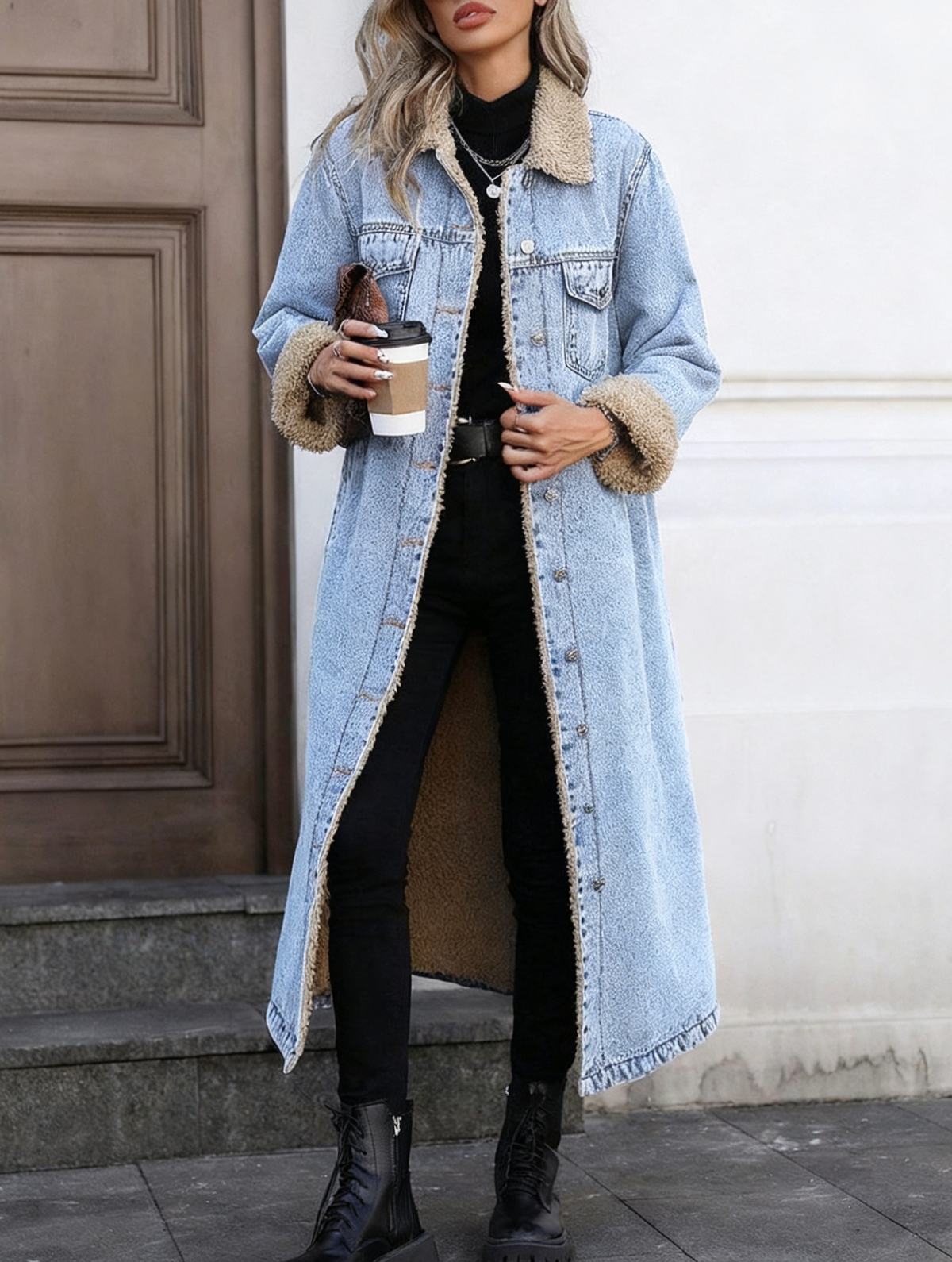 Sherpa Lined Longline Denim Duster Coat - SkyBlue