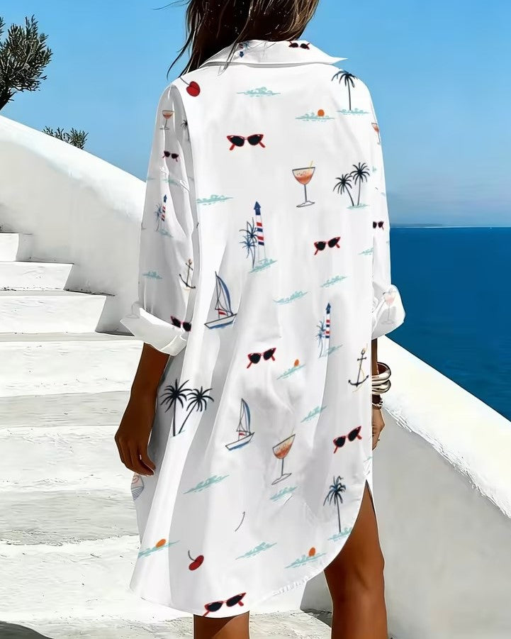 Beach Novelty Print Oversized Shirt Dress - Coconut - 1