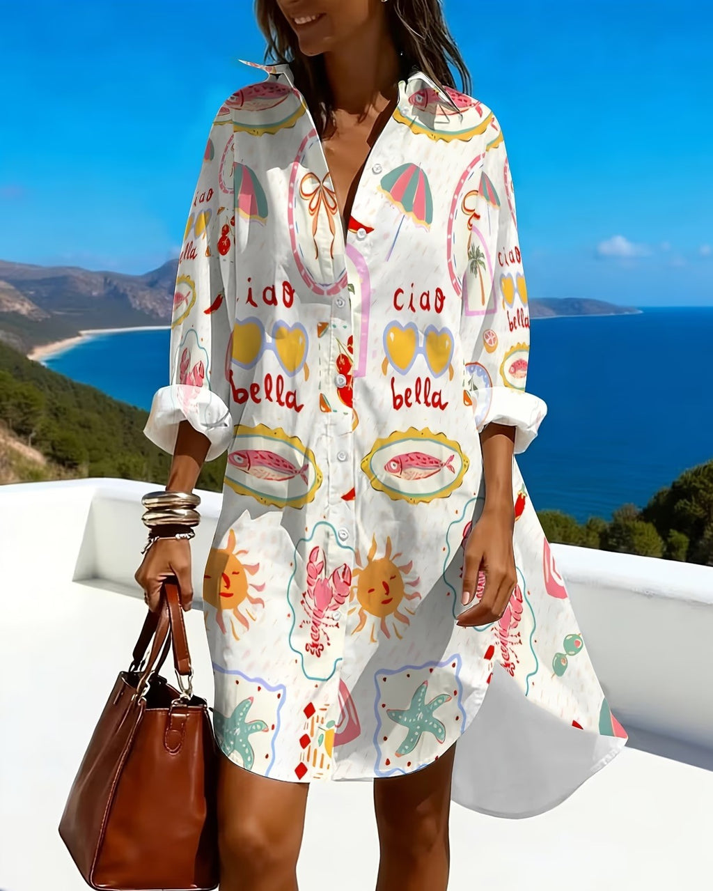 Beach Novelty Print Oversized Shirt Dress - Sardine