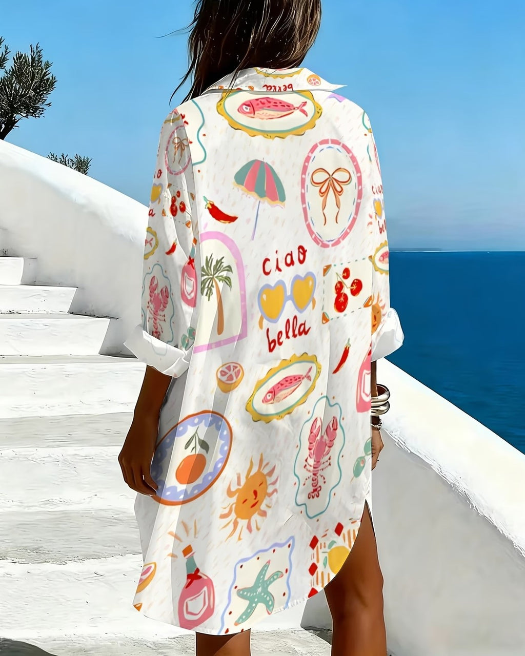 Beach Novelty Print Oversized Shirt Dress - Sardine - 3