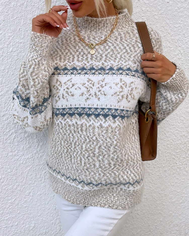 Marled Snowflake Fair Isle Mock Neck Sweater - Apricot
