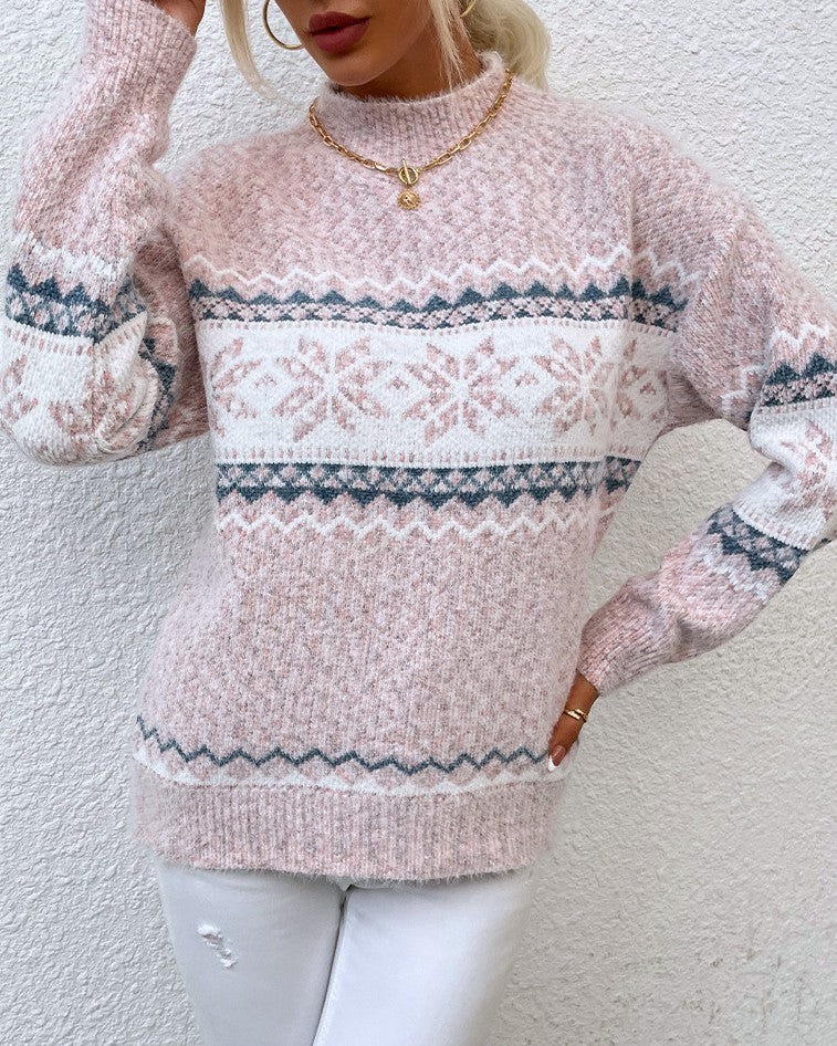 Marled Snowflake Fair Isle Mock Neck Sweater - Pink - 1