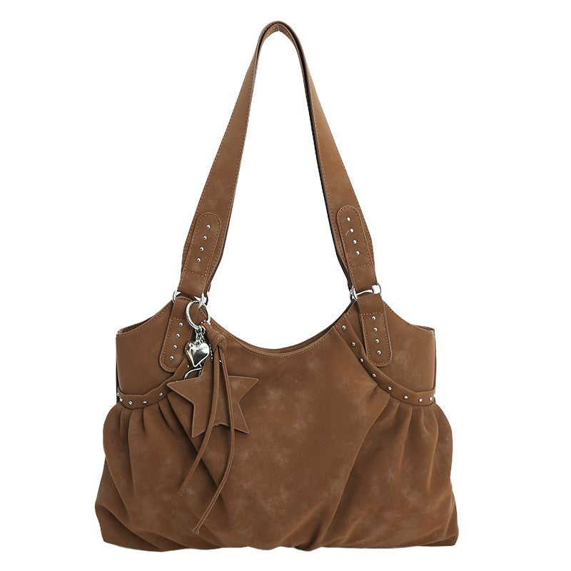 Studded Faux Suede Slouchy Hobo Shoulder Bag - Brown