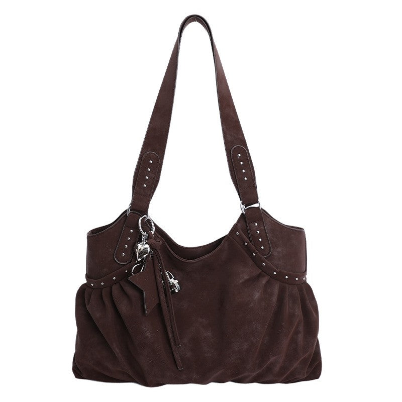Studded Faux Suede Slouchy Hobo Shoulder Bag - Chocolate