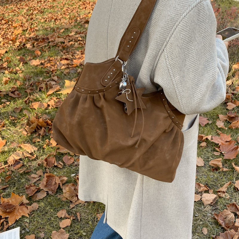Studded Faux Suede Slouchy Hobo Shoulder Bag
