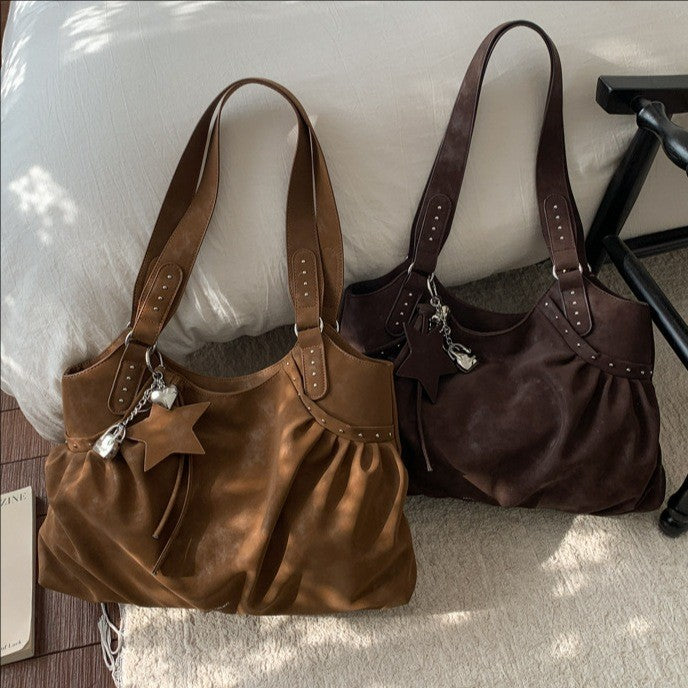 Studded Faux Suede Slouchy Hobo Shoulder Bag