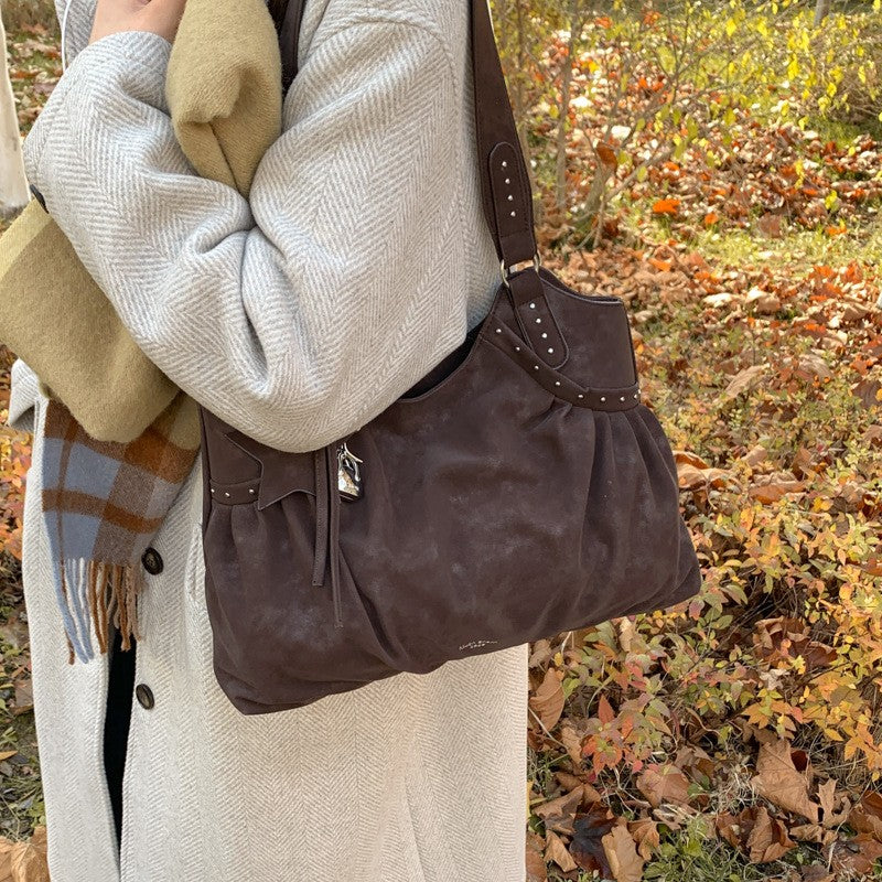 Studded Faux Suede Slouchy Hobo Shoulder Bag