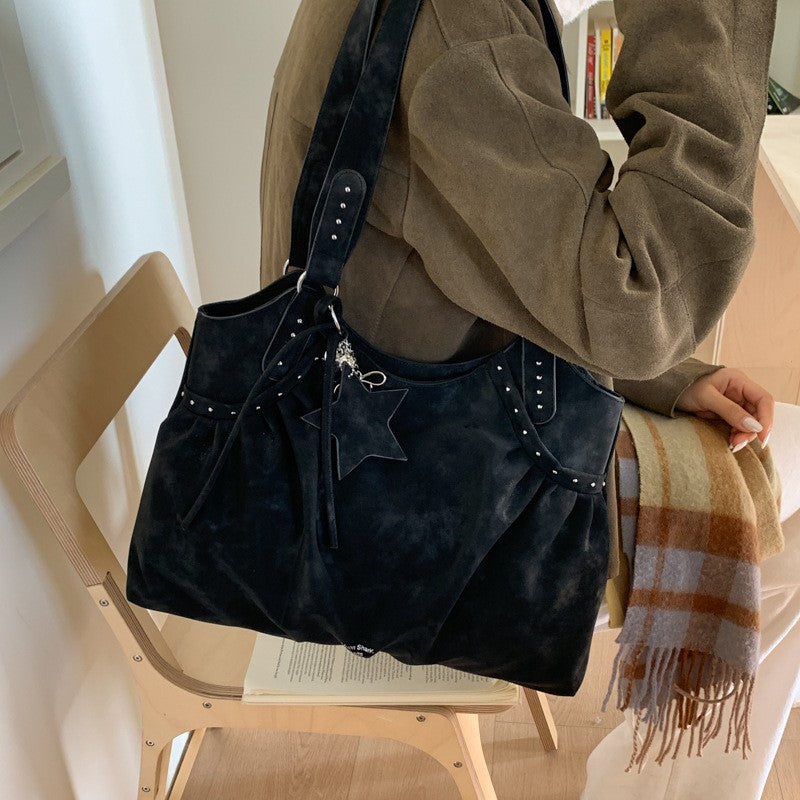 Studded Faux Suede Slouchy Hobo Shoulder Bag
