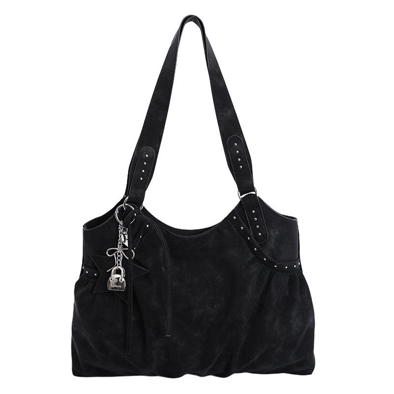 Studded Faux Suede Slouchy Hobo Shoulder Bag