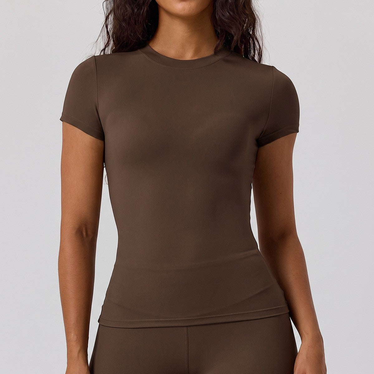 Slim Fit Crew Neck Short Sleeve Workout Tee - Espresso