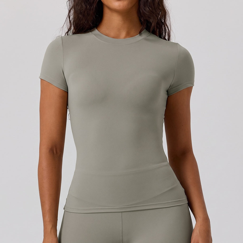 Slim Fit Crew Neck Short Sleeve Workout Tee - Taupe
