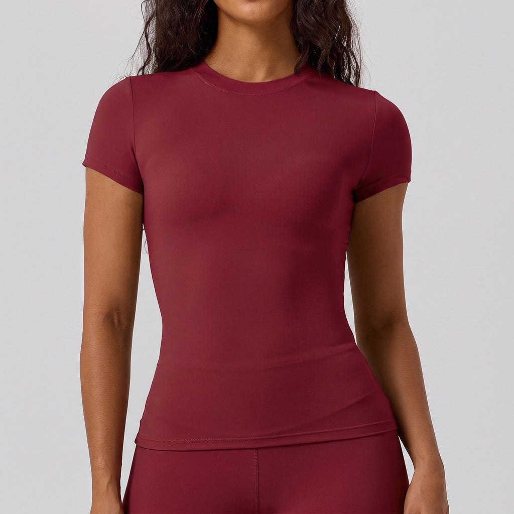 Slim Fit Crew Neck Short Sleeve Workout Tee - Wine Red