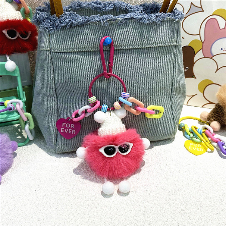 Fluffy Pompom Monster Bag Charm - Rosered