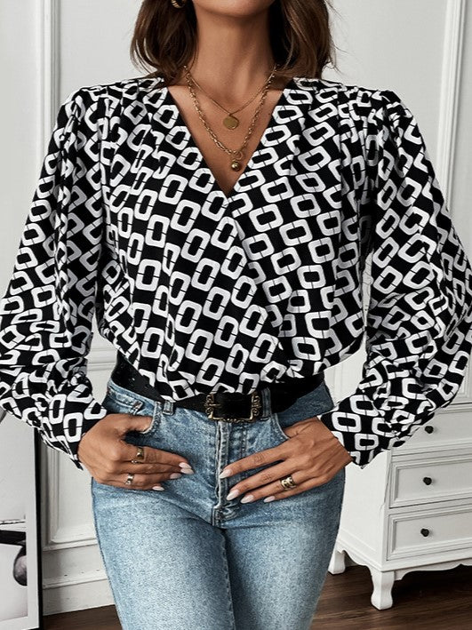 Geometric Print Wrap Front Shirt Jumpsuit - Black