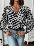 Geometric Print Wrap Front Shirt Jumpsuit - Black