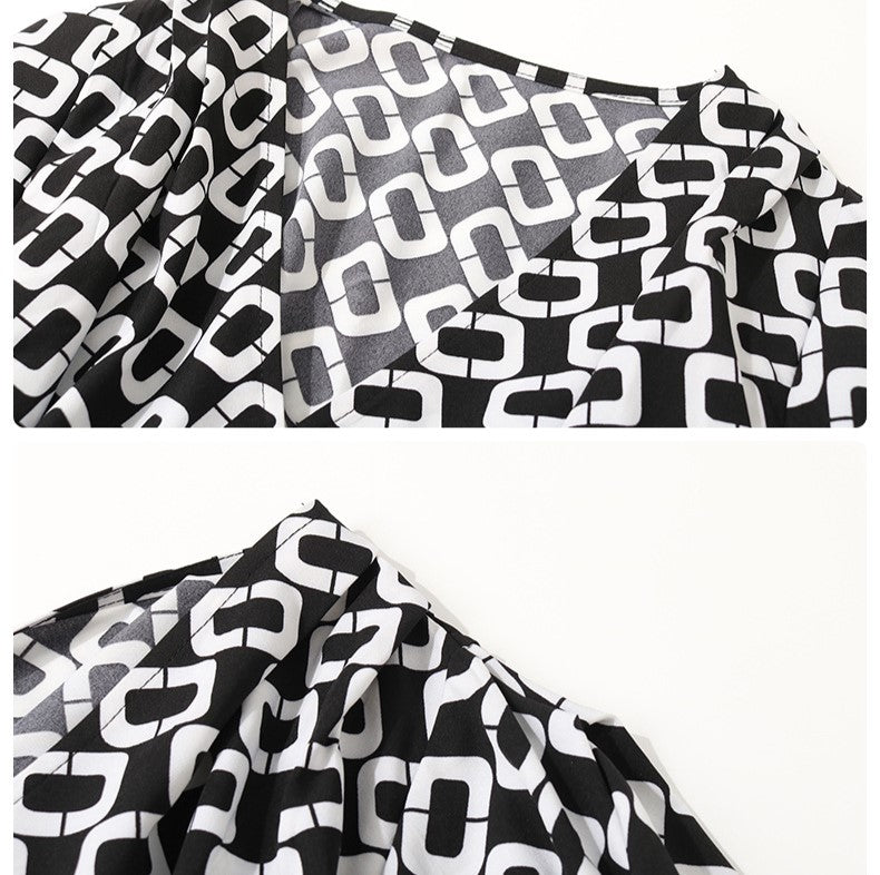 Geometric Print Wrap Front Shirt Jumpsuit - Black - 1